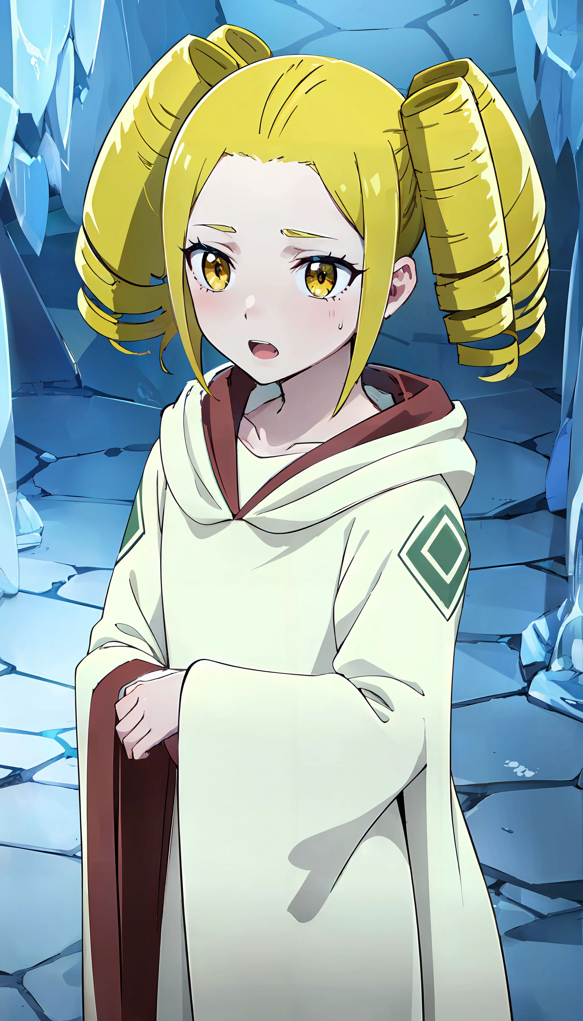 photorealistic, (4k), (Masterpiece), (realistic skin texture), extremely detailed, intricate, hyper detailed, high resolution, sharp detail, best quality, girl, blonde short twintails, yellow eyes, white robe, cowboy shot, <lora:Elizabeth_VRMMO-1-000004:0.9> , ice cave, frozen, snow dungeon, casting spell,