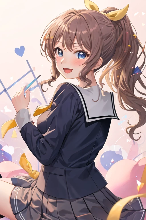 best quality, masterpiece, highres, solo, {yamabuki_saaya_bangdream:1.15}, blue_eyes, brown_hair, ribbon, bangs, ponytail, sidelocks, hair_ribbon, smile, blush, yellow_ribbon, long_hair, 1girl, hanasakigawa_school_uniform, open_mouth, sailor_collar, school_uniform, upper_body, looking_at_viewer, :d, serafuku