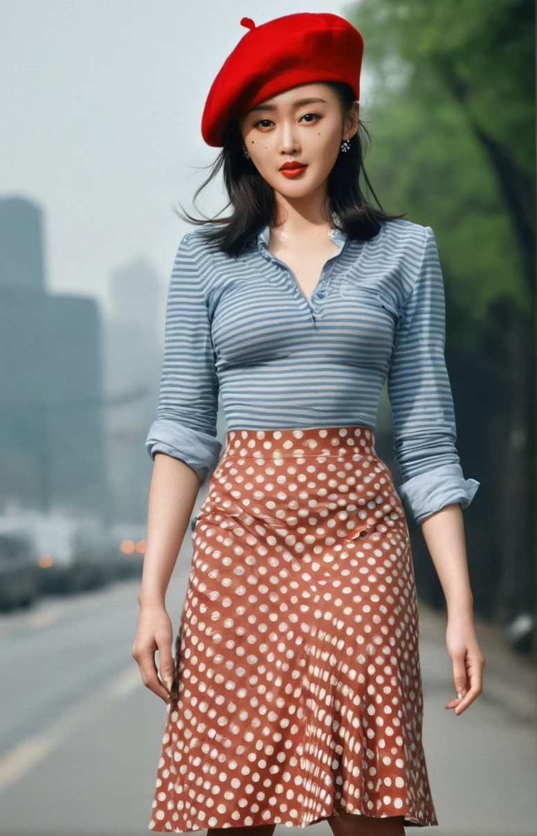 (masterpiece,best quality,ultra high res:1.2),(photo-realistic:1.3),(beautiful face,exquisite face,skin texture:1.1),(Striped_beret:1.4),(Polka_dot_midi_skirt:1.3),(Retro_ankle_boots:1.2),
side_light,
<lora:zhangtianai_XL_0_:1>,zhangtianai,
chinese actress,cowboy_shot,