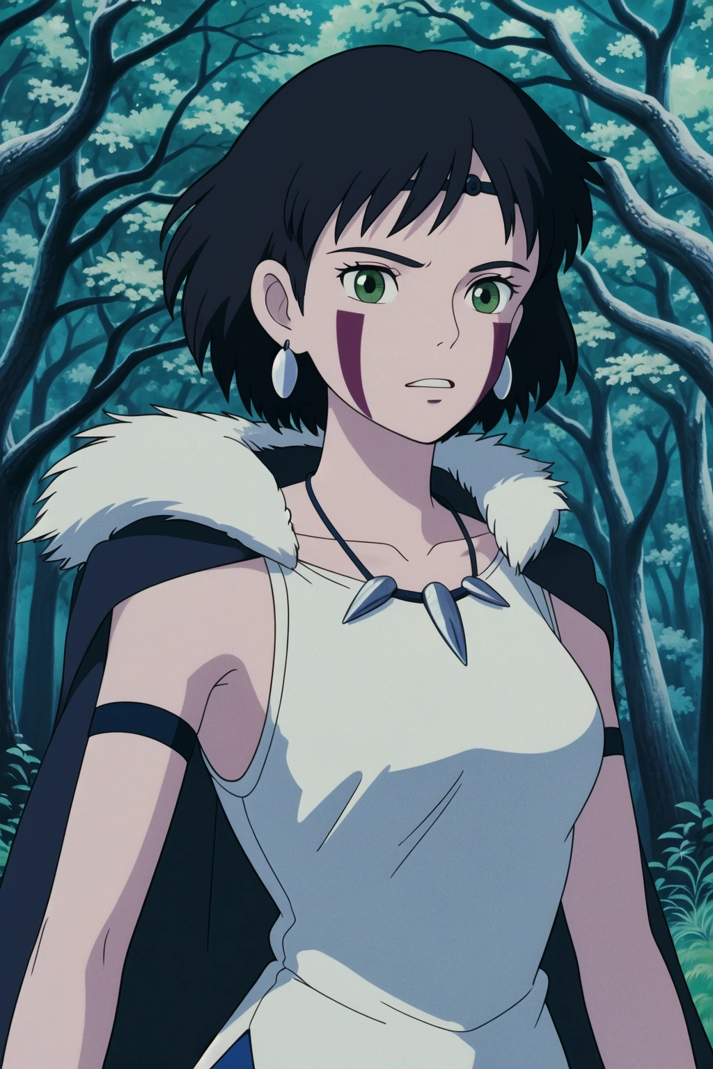 ghibli style, san \(mononoke hime\),
1girl, armlet, bangs, black hair, black undershirt, breasts, cape, circlet, earrings, facepaint, floating hair, forest, fur cape, green eyes, jewelry, looking at viewer, medium breasts, nature, necklace, outdoors, parted bangs, shirt, short hair, sleeveless, sleeveless shirt, solo, tooth necklace, tree, upper body, white shirt
, ((masterpiece))
<lora:ghibli_style_offset:1>
