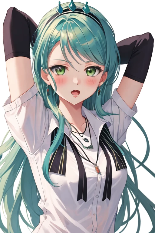 best quality, masterpiece, highres, solo, {hikawa_sayo_bangdream:1.15}, green_eyes, aqua_hair, long_hair, bangs, blush, jewelry, 1girl, necklace, upper_body, collared_shirt, shirt, white_shirt, open_mouth, simple_background, white_background