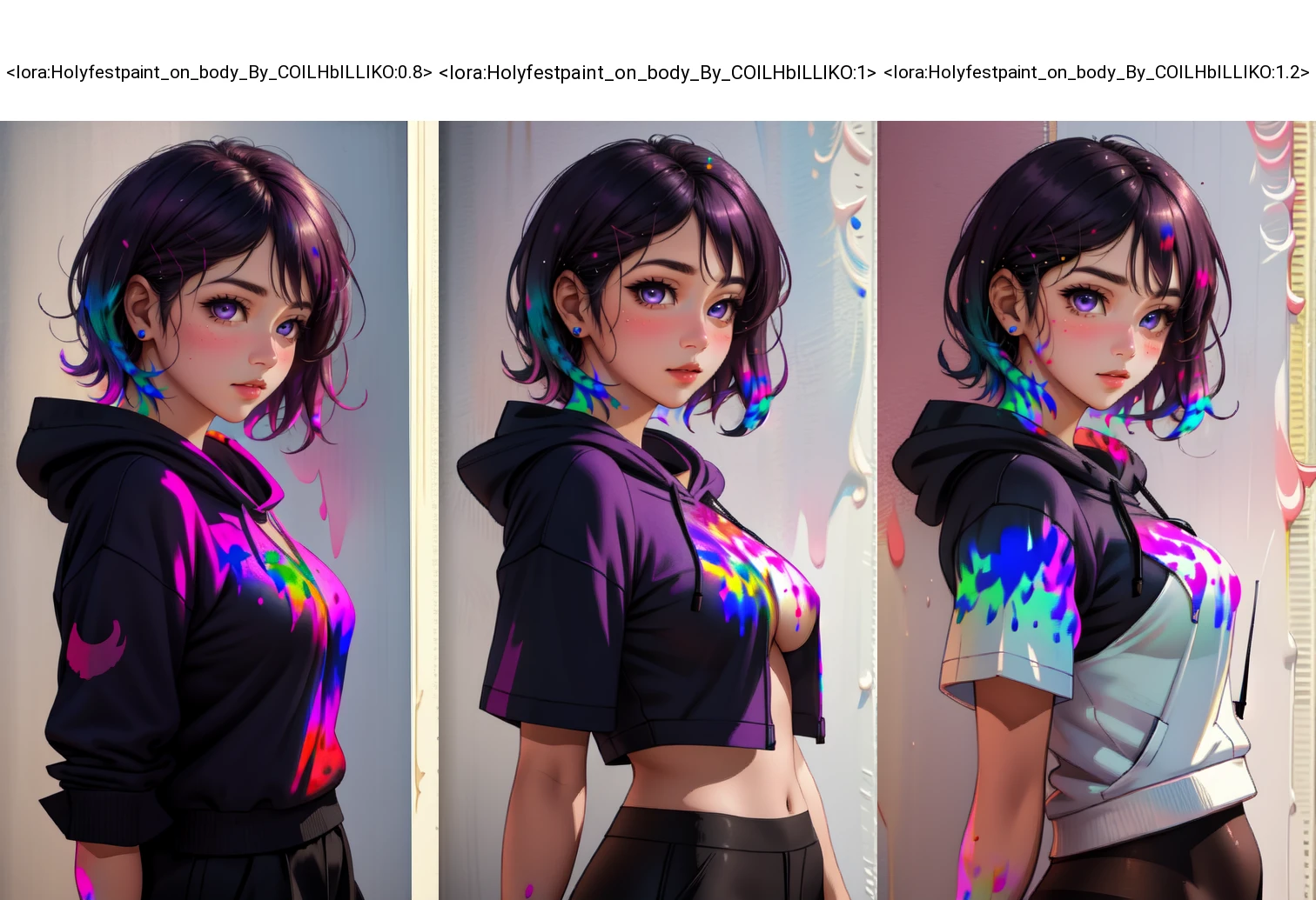 (masterpiece, best quality, high resolution), beautiful body, Beautiful Nose, perfect eyes, perfect face, alluring, wallpaper, perfect lighting, Colorful,ultra highres, photography, 8K, HDR, detailed, detailed background, 1girl, (realistic:1.9)
1 girl, black hair, dark purple hair ends, gradient hair, two-tone hair, short hair, purple eyes, medium breast, black hoody oversized, thighband pantyhose, <lora:Holyfestpaint_on_body_By_COILHbILLIKO:0.8>, paint body, side view