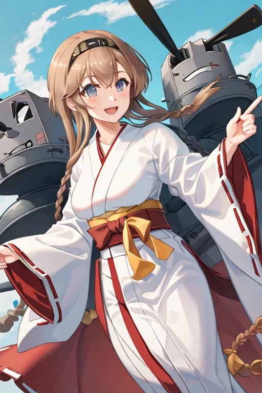 best quality, masterpiece, highres, solo, {white kimono:1.35}, {red hakama:1.35}, {wide sleeves:1.20}, {teruzuki_kantaicollection:1.15}, long_hair, braid, twin_braids, headband, light_brown_hair, hair_ornament, brown_hair, propeller_hair_ornament, blue_eyes, breasts, blush, open_mouth, hachimaki, serafuku, grey_eyes, black_headband, smile, hairband