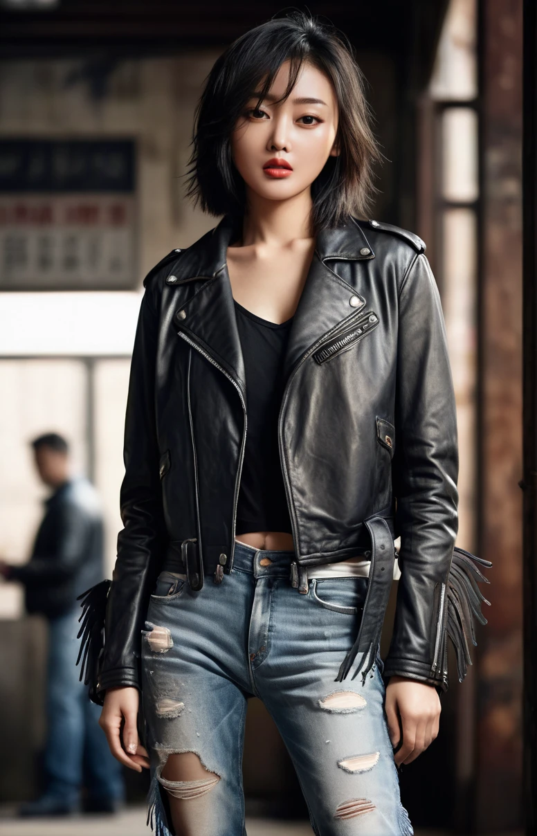 (masterpiece,best quality,ultra high res:1.2),(photo-realistic:1.3),(beautiful face,exquisite face,skin texture:1.1),(Leather_jacket_with_fringe:1.5),(Distressed_boyfriend_jeans:1.4),(Biker_boots:1.3),
side_light,
<lora:zhangtianai_XL_0_:1>,zhangtianai,
chinese actress,cowboy_shot,