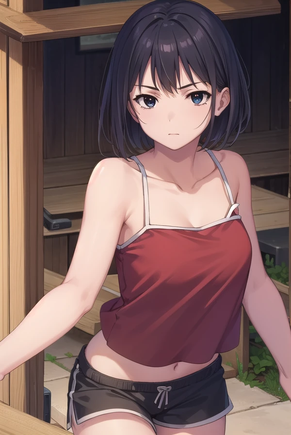 keikosanjou, <lora:keiko sanjou s1-lora-nochekaiser:1>,
keiko sanjou, short hair, black hair, (black eyes:1.5),
BREAK shorts, black shorts, camisole, bare shoulders, collarbone, (red camisole:1.5),
BREAK outdoors, shrine,
BREAK looking at viewer, (cowboy shot:1.5),
BREAK <lyco:GoodHands-beta2:1>, (masterpiece:1.2), best quality, high resolution, unity 8k wallpaper, (illustration:0.8), (beautiful detailed eyes:1.6), extremely detailed face, perfect lighting, extremely detailed CG, (perfect hands, perfect anatomy),