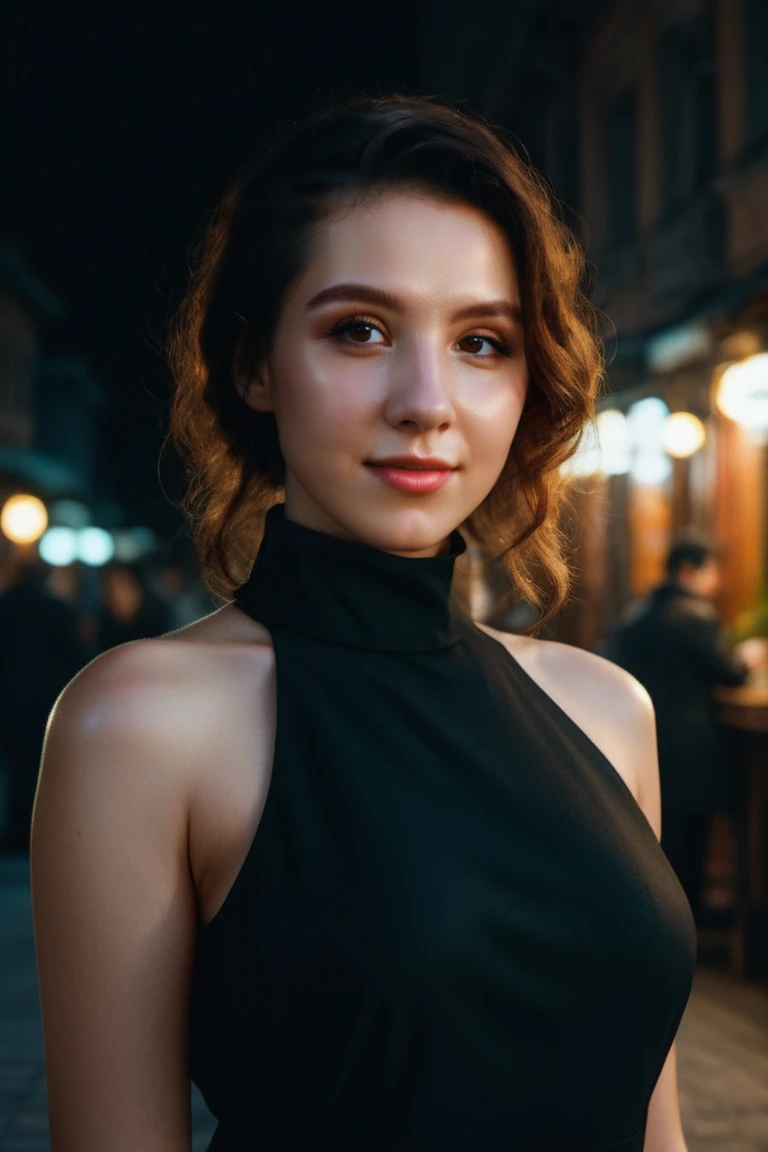 A stunning intricate full color portrait of melmat,wearing a high neck black dress <lora:epiNoiseoffset_v2:1>, happy, epic character composition,by ilya kuvshinov, alessio albi, nina masic,sharp focus, natural lighting, subsurface scattering, f2, 35mm, film grain, full body in the picture <lora:MelissaMatz:1>