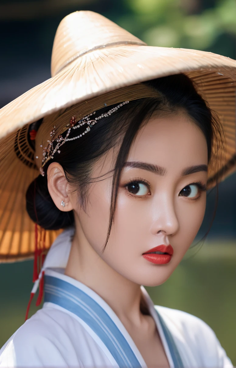 UHD, 4k, ultra detailed, cinematic, a photograph of (masterpiece,best quality,ultra high res:1.2),(photo-realistic:1.3),(beautiful face,exquisite face,skin texture:1.1),
side_light,sweet,
<lora:zhangtianai_XL_0_:1>,zhangtianai,
chinese actress,water element,water,a girl made of part water,hanfu,rice_hat,red_lips_,women disguised as men,, epic, beautiful lighting, inpsiring