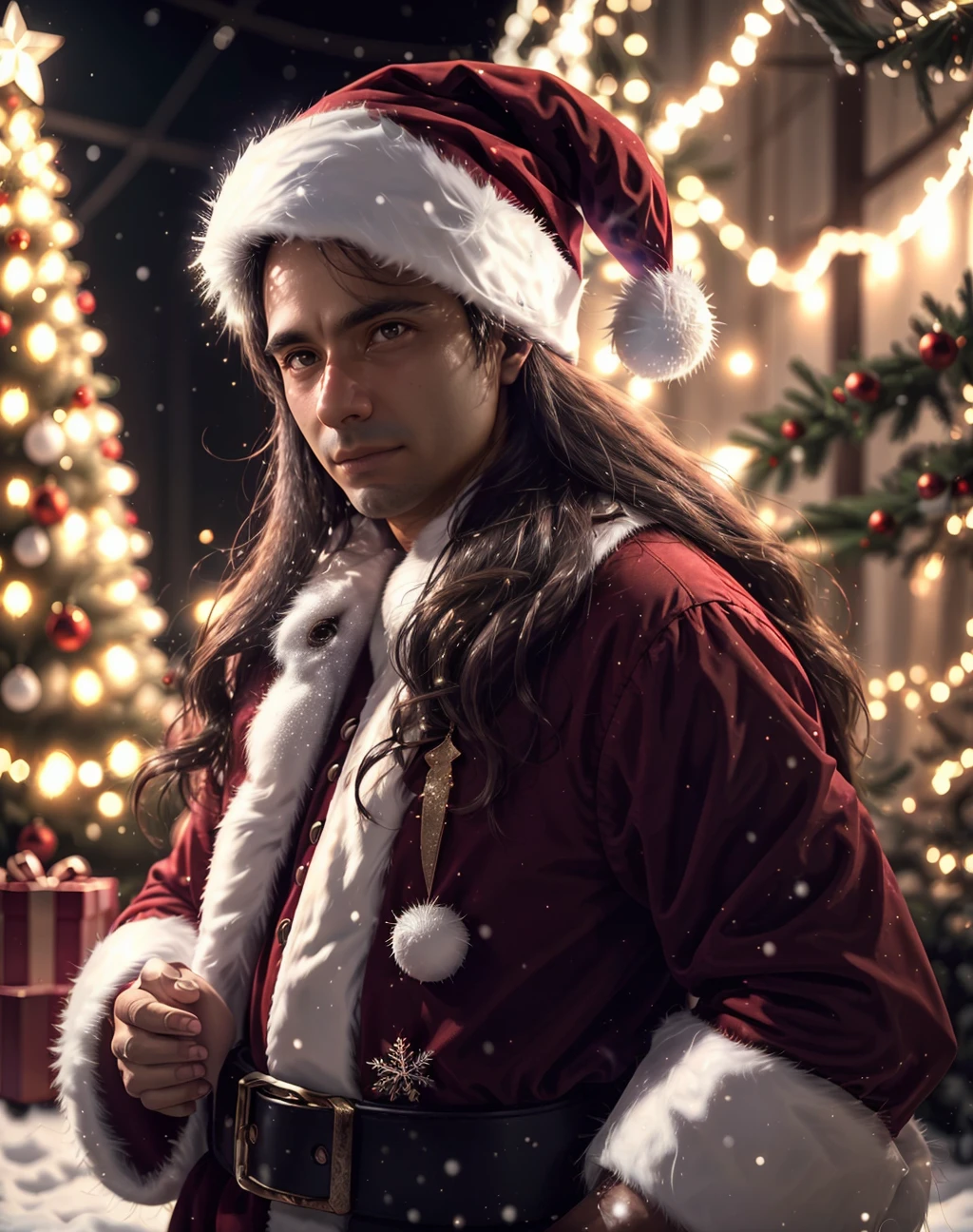 cinematic photo <lora:quiron_Chritsmas_v1_lora:0.57> ChristmasQuiron style, Christmas, Christmas tree, Christmas decorations, Christmas style, Christmas spirit, best quality, ultra detailed, 8k, mysterious, <lora:quiron_AndreMatos_v4_lora:0.87> AndreMatosQuiron person, a man with a long hair wearing christmas costume, . 35mm photograph, film, bokeh, professional, 4k, highly detailed