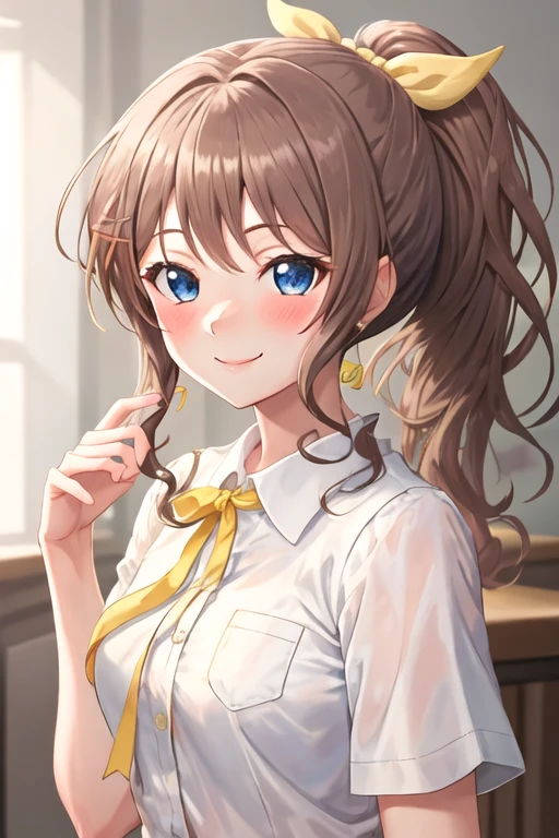 best quality, masterpiece, highres, solo, {yamabuki_saaya_bangdream:1.15}, blue_eyes, brown_hair, ribbon, bangs, ponytail, sidelocks, hair_ribbon, smile, blush, yellow_ribbon, long_hair, 1girl, blurry, looking_at_viewer, upper_body, blurry_background, shirt