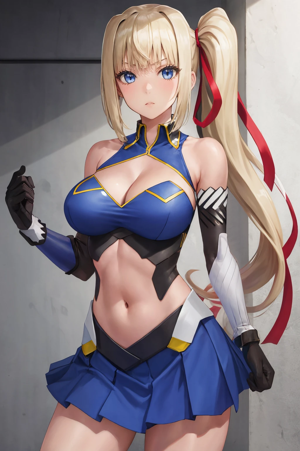 masterpiece, best quality, 1girl, solo, <lora:limalisha-vanadis-richy-v1:1> limalisha, side ponytail, hair ribbon, clothing cutout, cleavage, bare shoulders, elbow gloves, navel, skirt
