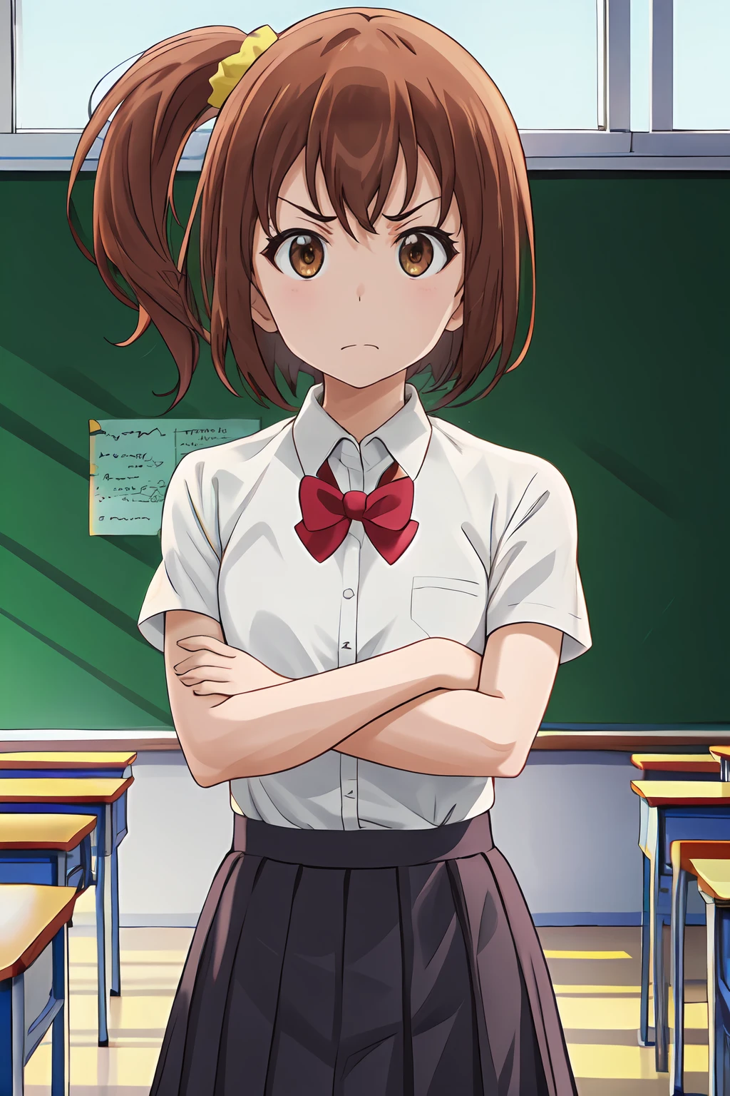 (masterpiece, best quality:1.2), highres, 1girl, solo, angry,
Kanakana_V1, brown hair, short hair, side ponytail, brown eyes, hair ornament, yellow scrunchie,
school uniform, white shirt, short sleeves, red bowtie,
standing, crossed arms,
indoors, school, classroom, looking at viewer, portrait, close-up face,
<lora:add_detail_CyberAlchemist:0.4>, <lora:GoodHands-beta2:1>, <lora:KanakanaV1_1-000026:0.9>