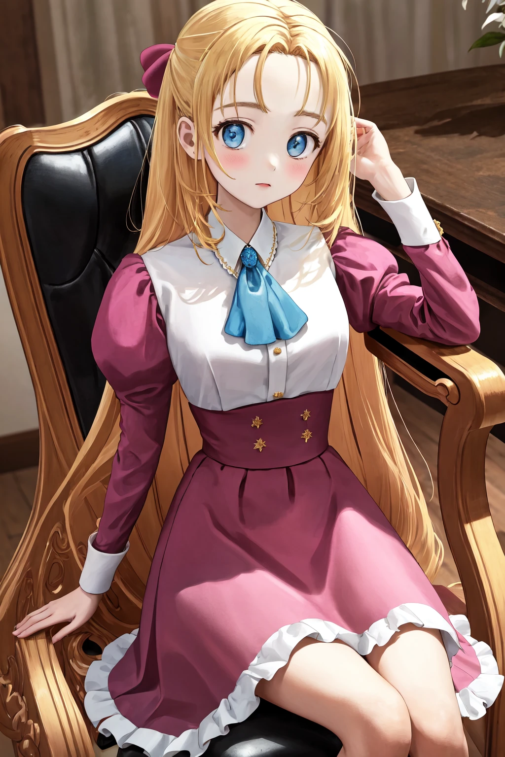 masterpiece, best quality, highres, 1girl, pink dress long sleeves blue ascot frills <lora:gekai_elise:1> sitting on chair, head rest, arm support