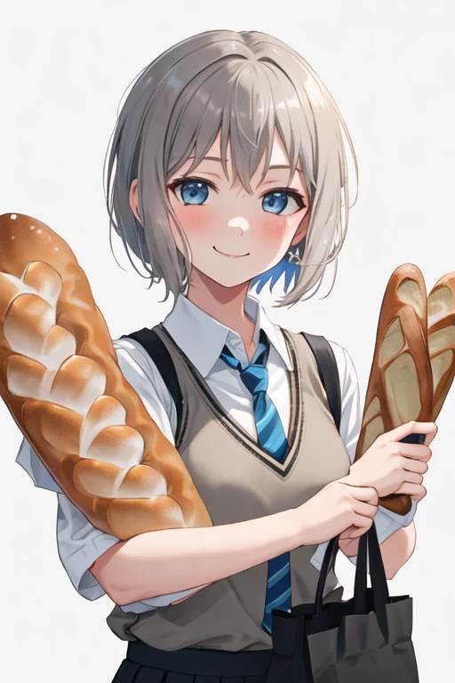 best quality, masterpiece, highres, solo, {aoba_moca_bangdream:1.15}, short_hair, grey_hair, bangs, blush, smile, blue_eyes, 1girl, shirt, white_shirt, necktie, school_uniform, looking_at_viewer, bread, food, sweater_vest, upper_body, collared_shirt, holding, bag, short_sleeves, paper_bag, striped_necktie, baguette, bob_cut, holding_bag, holding_food, simple_background, striped