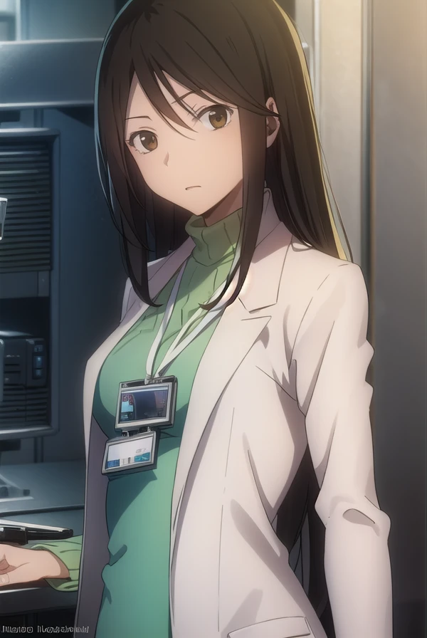 namieyagiri, <lora:namie yagiri s1-lora-nochekaiser:1>,
namie yagiri, long hair, black hair, (brown eyes:1.3),
BREAK sweater, turtleneck, labcoat, green sweater,
BREAK indoors, office,
BREAK looking at viewer, (cowboy shot:1.5),
BREAK <lyco:GoodHands-beta2:1>, (masterpiece:1.2), best quality, high resolution, unity 8k wallpaper, (illustration:0.8), (beautiful detailed eyes:1.6), extremely detailed face, perfect lighting, extremely detailed CG, (perfect hands, perfect anatomy),