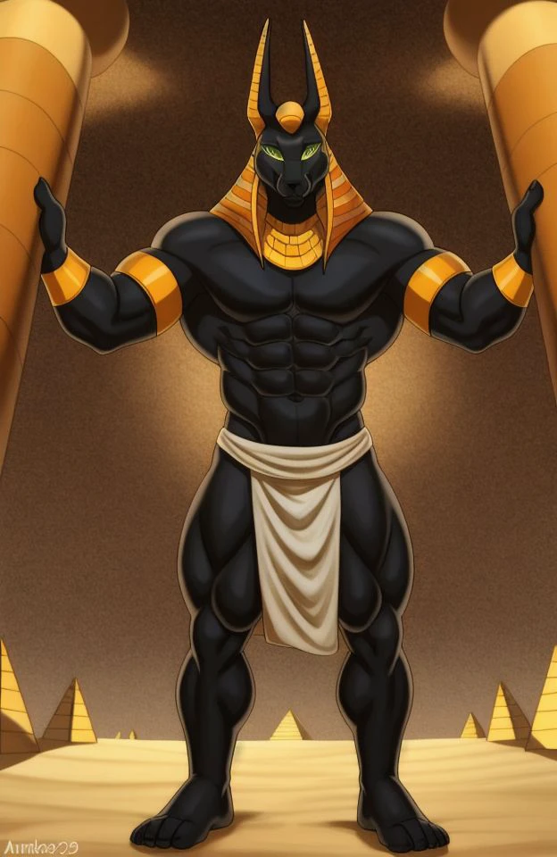 (((masterpiece, best quality))), 1boy, solo, ((anubis, egypt, anthro body, green eyes)), standing, detailed background,  full body, stomach, looking at viewer, smile face, muscles, <lora:DariusV1.2:0.7>