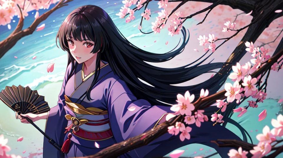 best quality, one girl, mature, standing, cherry blossoms falling, <lora:add_detail:0.5> , masterpiece,top down view, <lora:Glassv1.1:0.6>, black kimono, fan vassal weapons, looking at viewer, long hair