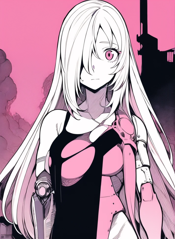 masterpiece, best quality, pink eyes, (hair over one eye1.1), 1girl, long hair, mechanical arms, large breasts, long hair, white hair, prosthesis, looking at viewer, prosthetic arm, (Post-apocalyptic wasteland background:1.2), (T-shirt bra:1.2, (Standing with one foot in front of the other :1) , , , , <lora:Usagi-008-000008:0.8> ,(loving face)
