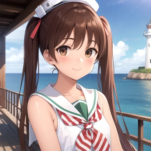 ((masterpiece)),(best quality),official art,extremely detailed CG,unity 8k wallpaper,ultra detailed,A lighthouse on a cliff by the sea,1girl,solo,upper body,(portrait:1.2),twintails,dark_skin,tan,brown_hair,long_hair,sailor_dress,smile,brown_eyes,sleeveless,hat,striped,looking_at_viewer,high heels,thigh strap,<lora:Libeccio(kan)>,