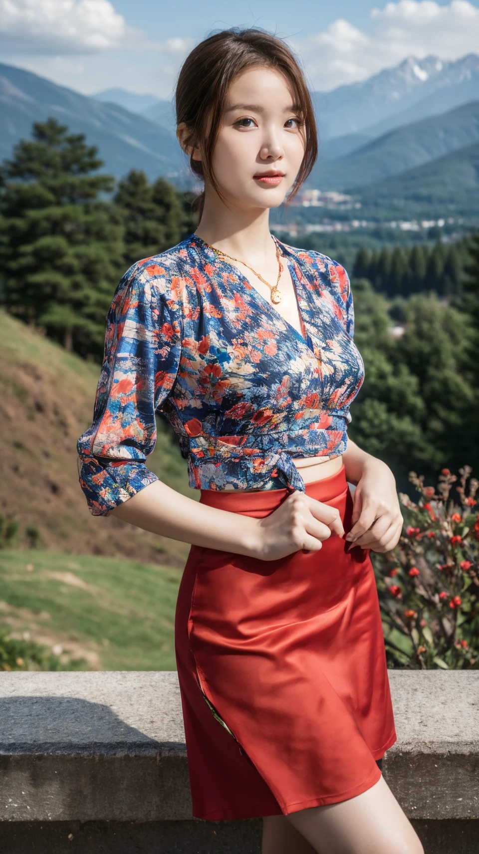 best quality,HDR,UHD,8K,Vivid Colors,solo,front view,photo_(medium),(1girl:1.3),(looking at viewer:1.4),ponytail,
<lora:add_detail:0.5>,standing,outside,sky,mountain,flower,<lora:rc10:0.75>,rc,side cutout,red skirt,