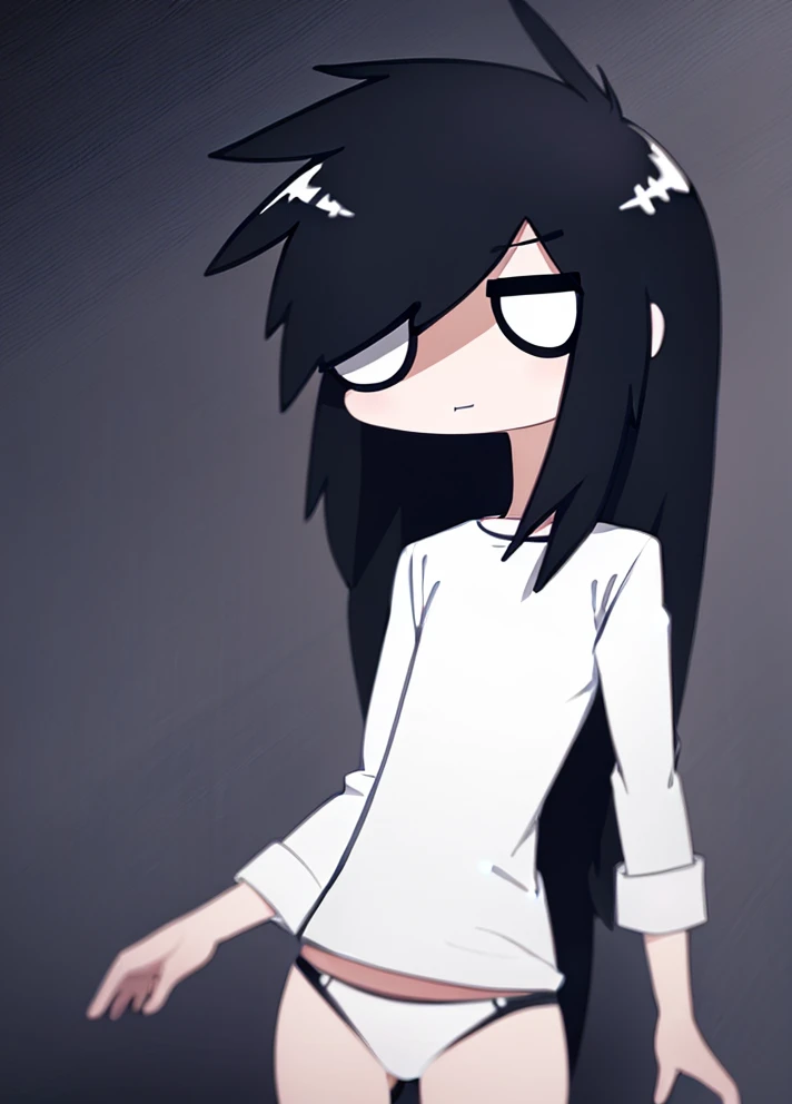 ((scene_style)), black hair, empty eyes, white eyes, solid circle eyes, shirt, white shirt, panties, black panties, solo, <lora:scene_style-04:1>