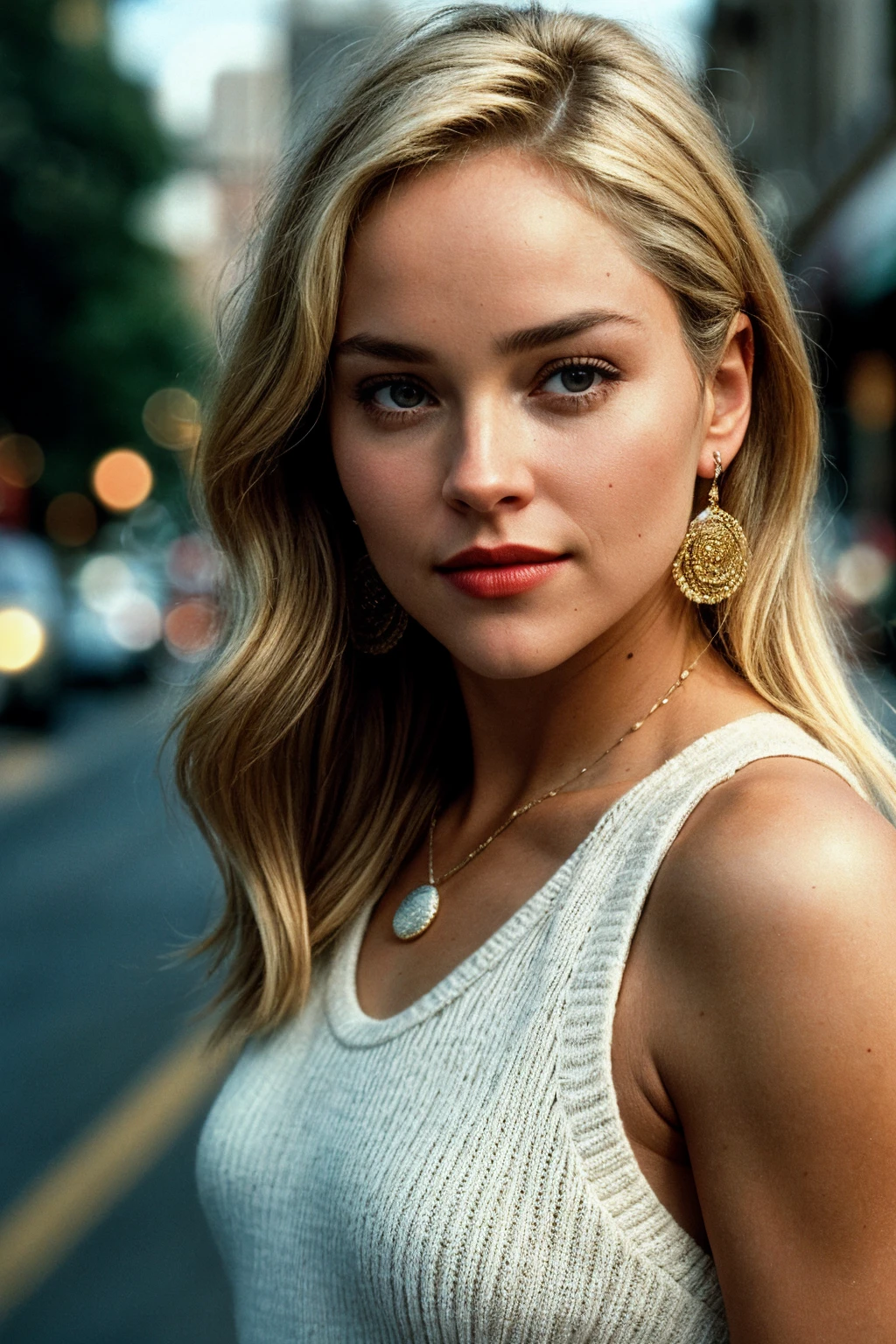 photo of (sh4r0nst-135:0.99), a beautiful woman, closeup portrait, perfect blonde hair, (modern photo), (Road Sign Brown Ribbed knit jumpsuit), 24mm, (analog, cinematic, film grain:1.3), (A bustling, vibrant Buenos Aires street during a tango festival:1.1), detailed eyes, (seductive pose), (epicPhoto), upper body, (looking at viewer), (painted lips), earrings and necklace