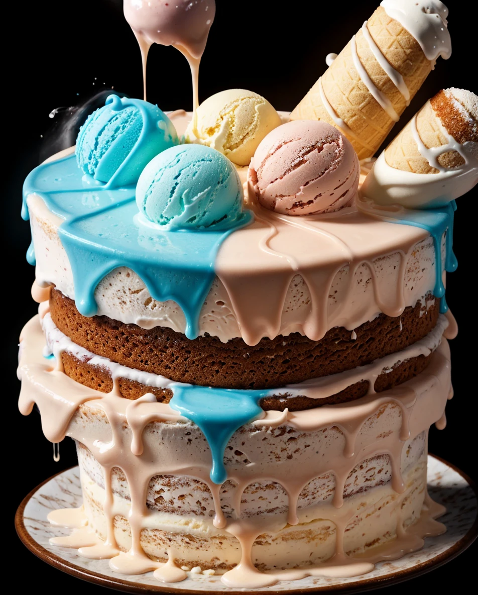 a ice cream, cake, liquid made of liquid splashes, merging, melting, splashing, droplets, mixing, fading away, exploding, swirling, intricate detail, modelshoot style, dreamlikeart, dramatic lighting. 8k, highly detailed,