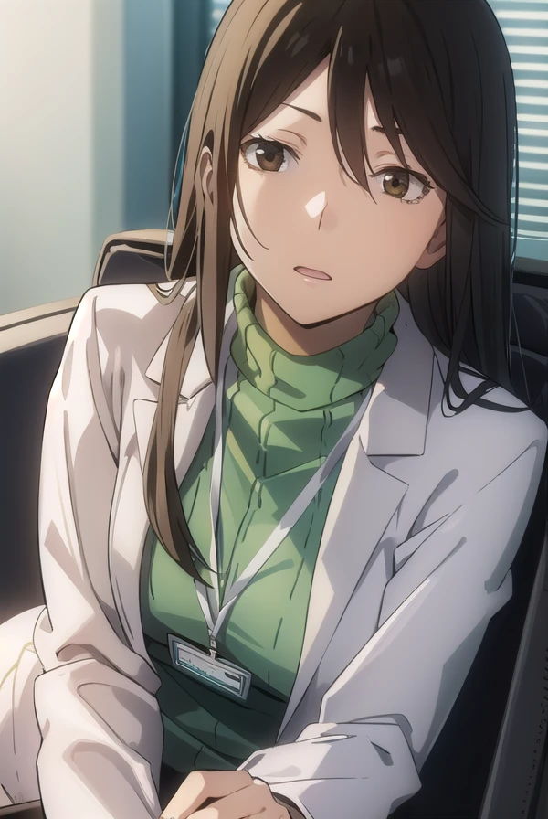 namieyagiri, <lora:namie yagiri s1-lora-nochekaiser:1>,
namie yagiri, long hair, black hair, (brown eyes:1.3),
BREAK sweater, turtleneck, labcoat, green sweater,
BREAK indoors, office,
BREAK looking at viewer, (cowboy shot:1.5),
BREAK <lyco:GoodHands-beta2:1>, (masterpiece:1.2), best quality, high resolution, unity 8k wallpaper, (illustration:0.8), (beautiful detailed eyes:1.6), extremely detailed face, perfect lighting, extremely detailed CG, (perfect hands, perfect anatomy),