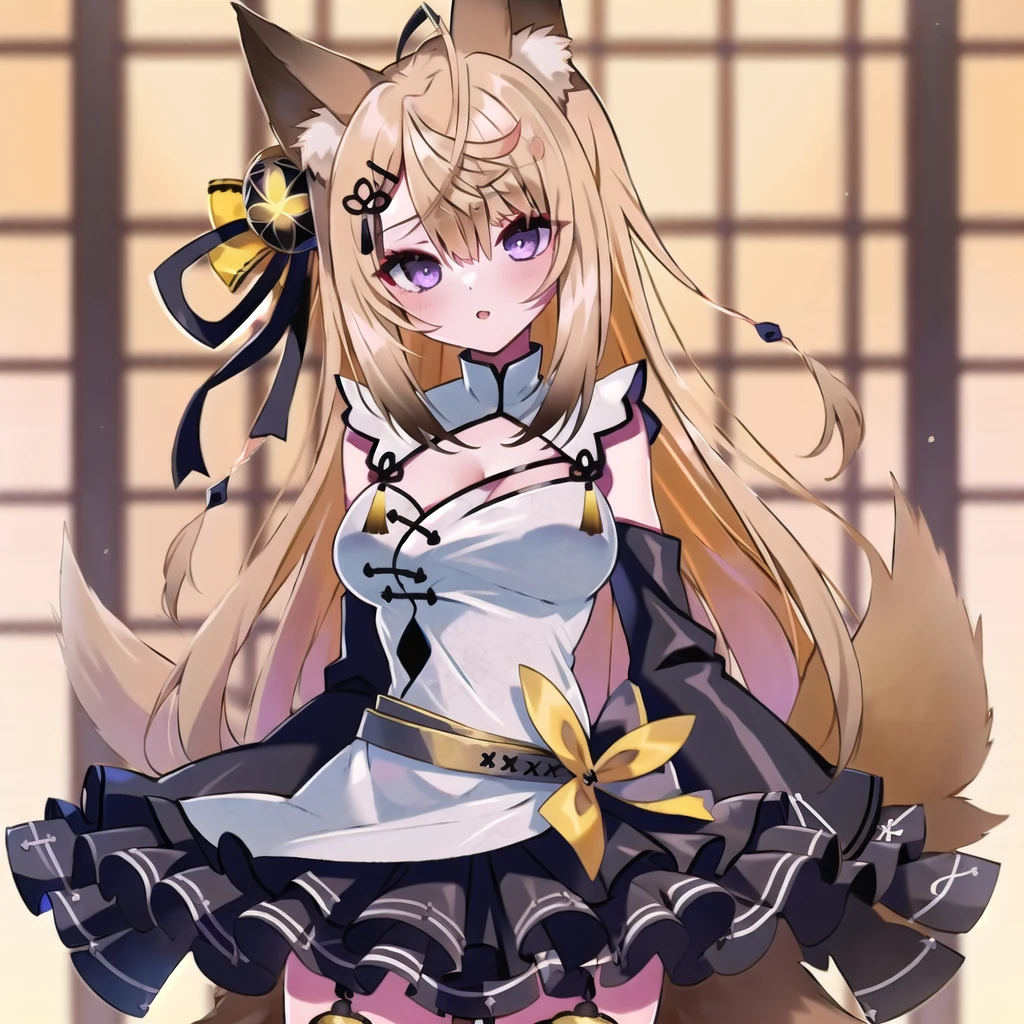 (masterpiece, best quality:1.2), nsfw, girl, 1girl, solo, kokuri, 1girl, solo, purple eyes, ahoge, brown blonde long hair, hair ornament, hair bell, hair ribbon, hairclip, white chinese clothes, cleavage, cleavage cutout, black frilled skirt, detached frilled black sleeves, fox girl, fox ears, gray belt, <lora:Kokuri_23:1>
