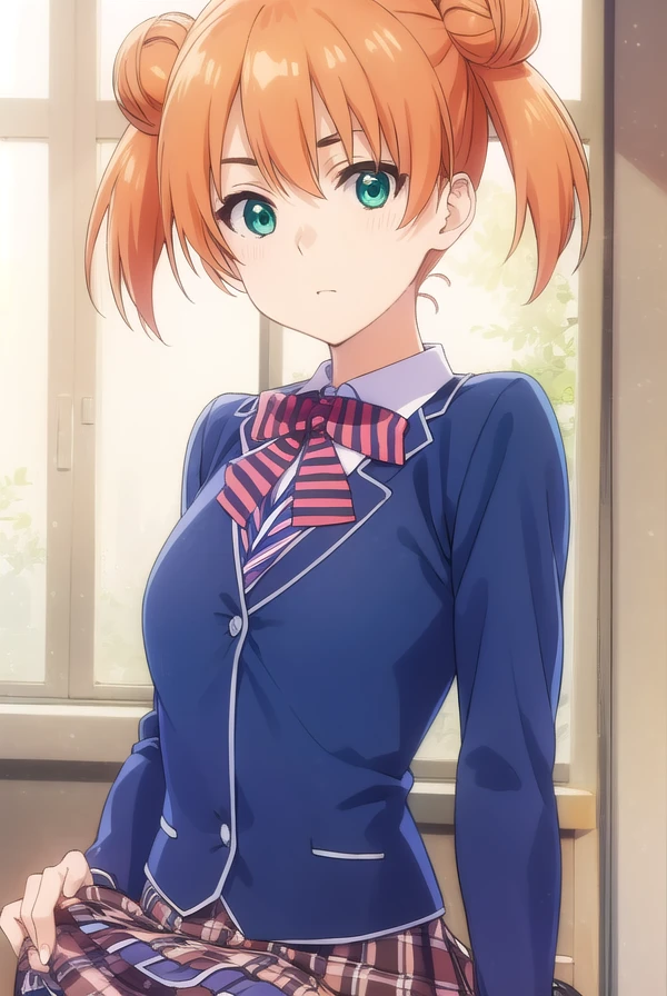 yuukiyoshino, <lora:yuuki yoshino s1-lora-nochekaiser:1>,
yuuki yoshino, short hair, twintails, (green eyes:1.3), hair bun, orange hair, double bun,
BREAK bow, school uniform, striped, bowtie, blazer, striped bowtie, blue blazer, brown skirt, plaid skirt, plaid,
BREAK indoors, kitchen,
BREAK looking at viewer, (cowboy shot:1.5),
BREAK <lyco:GoodHands-beta2:1>, (masterpiece:1.2), best quality, high resolution, unity 8k wallpaper, (illustration:0.8), (beautiful detailed eyes:1.6), extremely detailed face, perfect lighting, extremely detailed CG, (perfect hands, perfect anatomy),