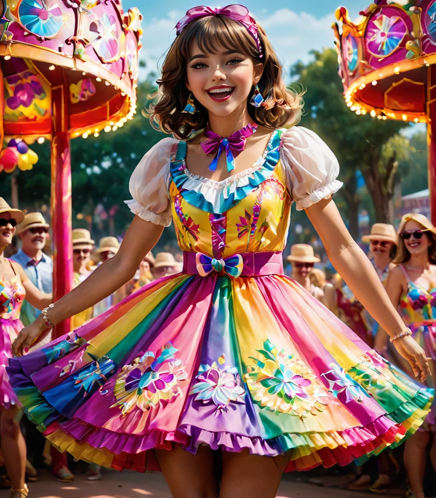 candid photo of a girl wearing a sweetop dress, dancing in a vibrant carnival setting, bathed in colorful, dynamic lighting from the festivities, shot from a slightly low angle to capture the excitement and joy, creating a whimsical and lively atmosphere. <lora:sweetlolitaxl3.5-12:1.0>