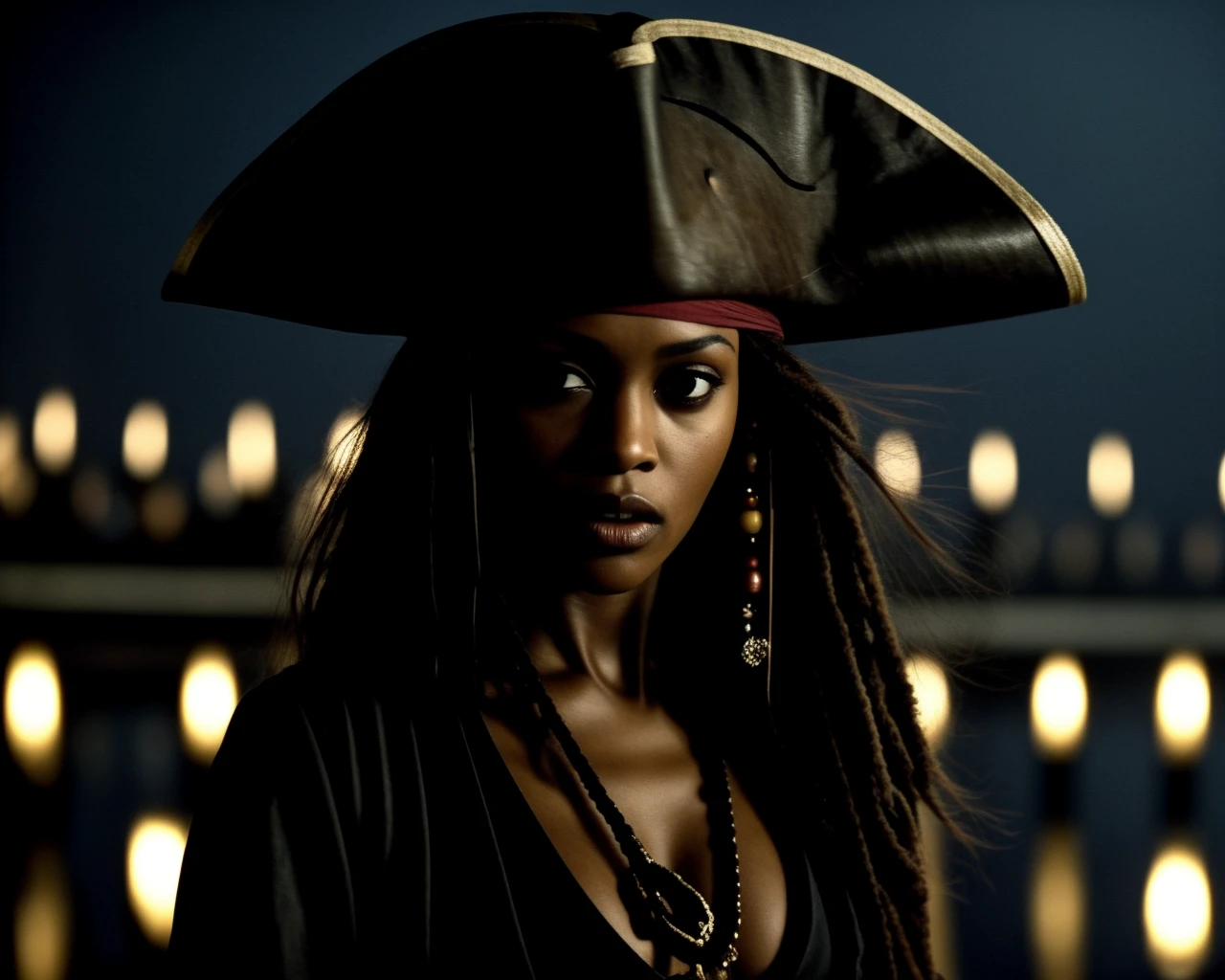 from pirates of the caribbean <lora:pirates_of_the_caribbean_offset:1>, photo of a gorgeous black woman, dark-skinned goddess, blurry background, (crowd in the background:0.6), pirate hat
