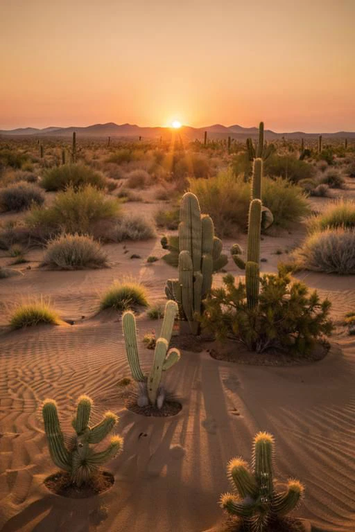 A desert sunset casting long shadows over cactus-filled plains