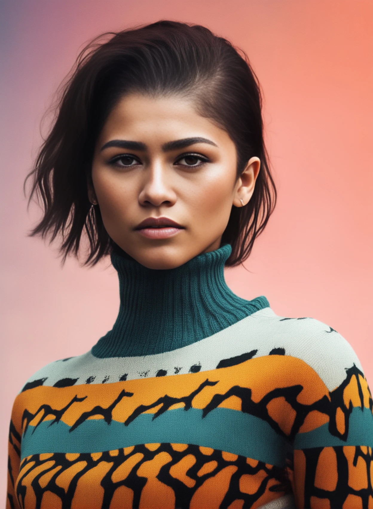 ZendayaMaree, [art by Henriette Grindat| (art by Michal Karcz:0.7) ], portrait,close up of a Grotesque slight Female, wearing Giraffe-style Sweater, Realistic, flat lighting, psychedelic colors, halftone texture,  <lora:ZendayaMareeSDXL:1>
