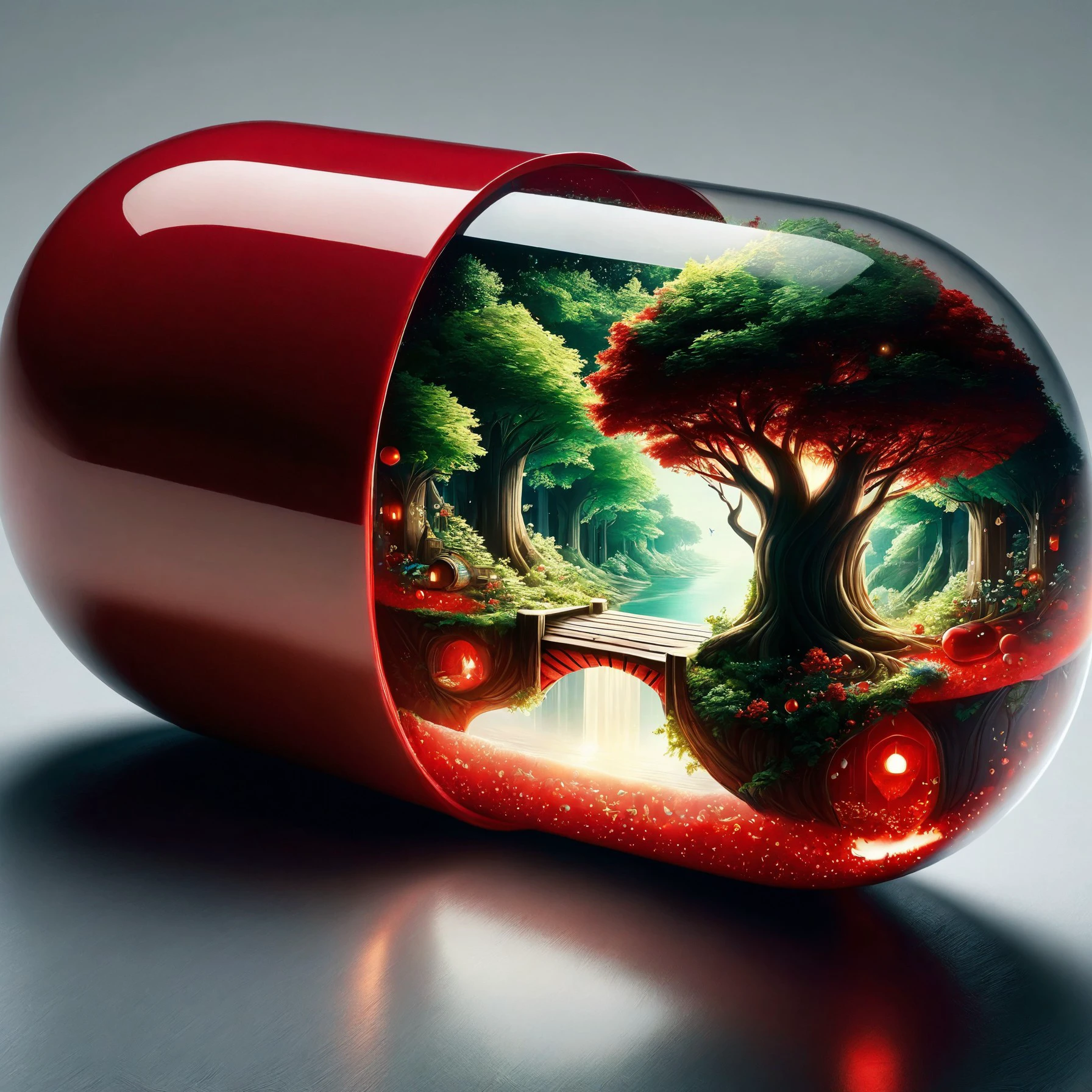 red pill, pill partially see-through, high contrast, amazing detailed, fairy tail inside the pill, trees and magic inside
<lora:red_pill:1>