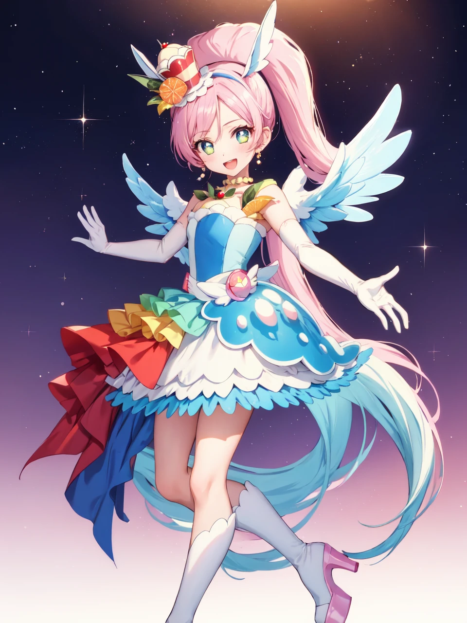 masterpiece, best quality, looking at viewer, depth of field, standing, full body,open mouth,
1girl, <lora:locon_cure_parfait_04:0.95>, cure parfait, wide ponytail, layered skirt, shoulder pads, high heels, white socks, wings, mini hat, elbow gloves, hairband, porch, earrings, jewelry, fruit, 
smile, ((gradient background)), lens flare,