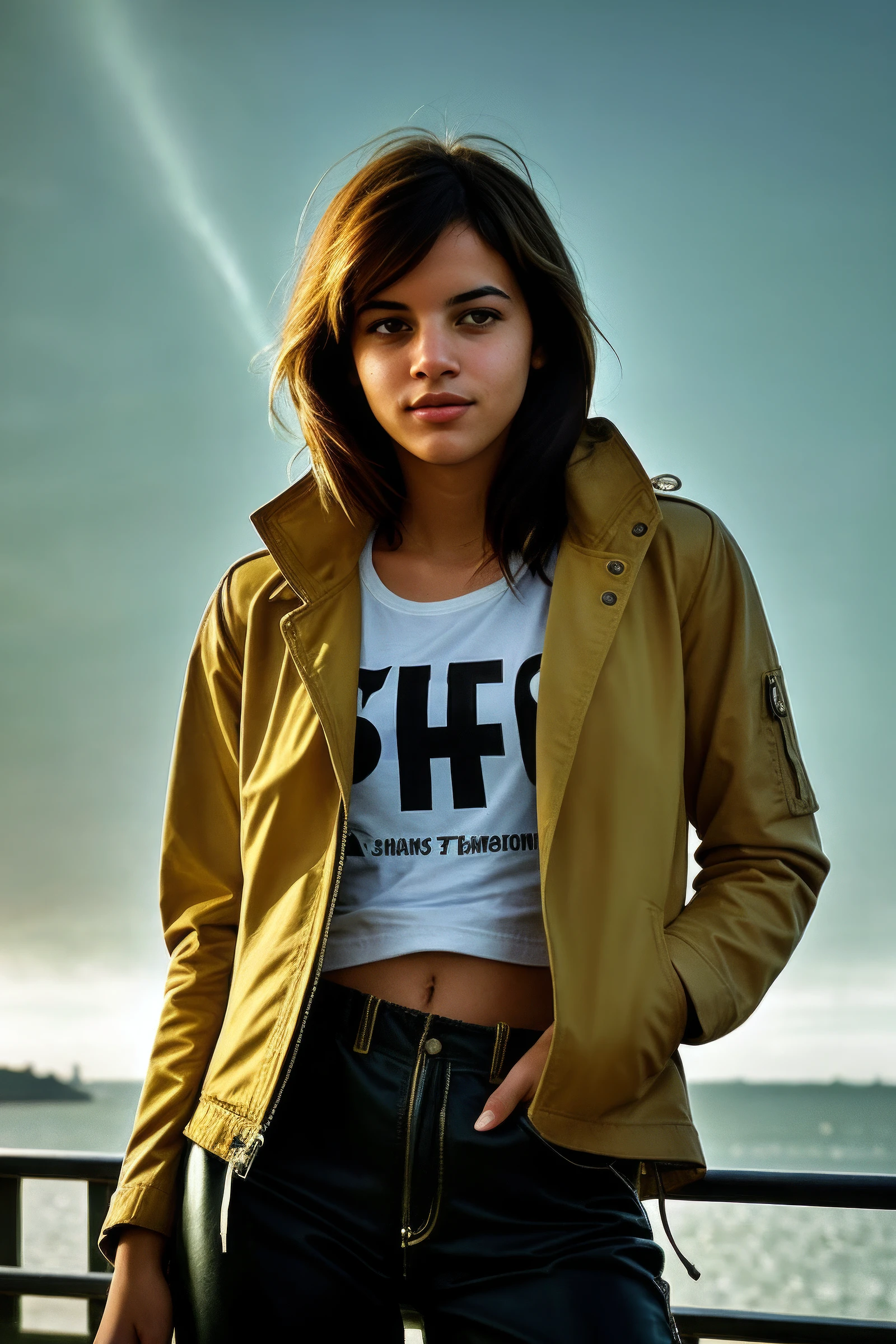 (isidora_v4:0.95), photograph of a woman, (smile, happy), textured skin, goosebumps, _, cargo jacket with cargo pants and combat boots, multiple views, perfect eyes, (silhouetted against the bright sky), Fujicolor Pro color, shot on Leica T, bokeh, sharp focus on subject, shot by Lee Miller