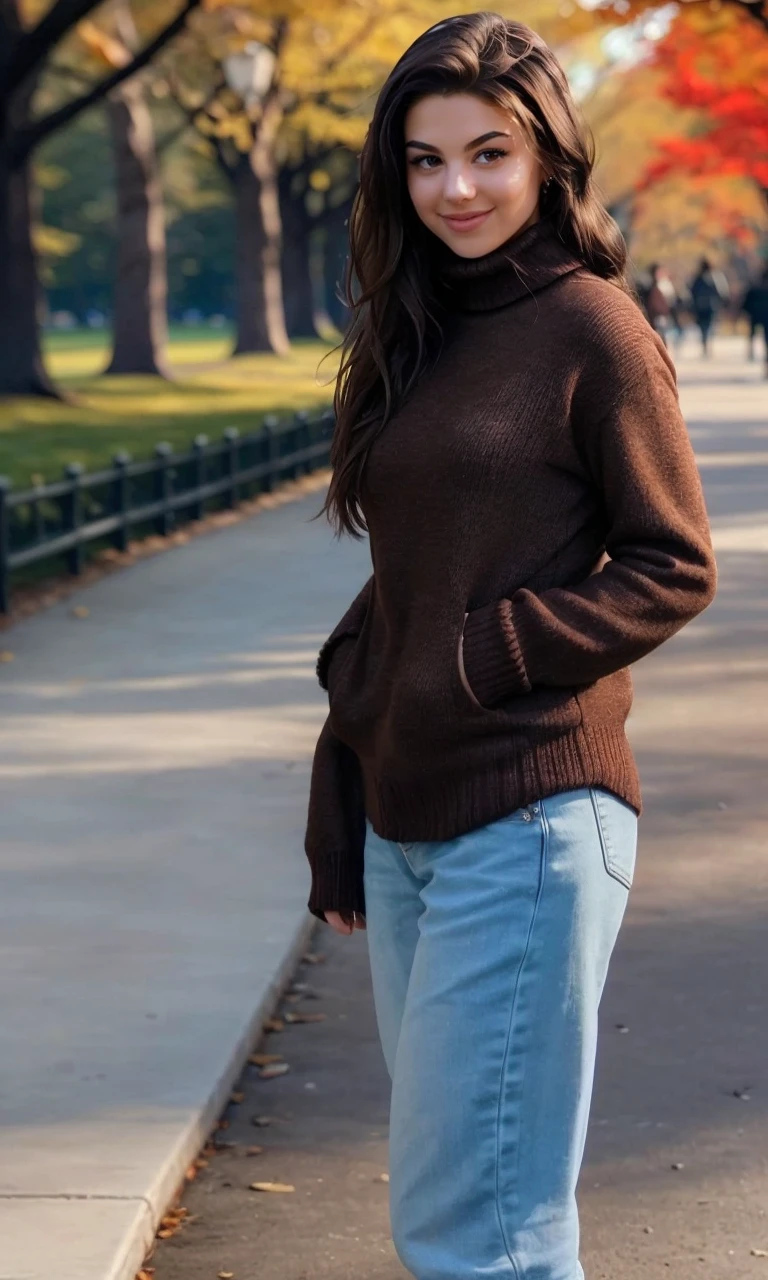 kirak2023, 1 girl, brown hair, uhd, best quality, masterpiece, turtleneck, walking in central park new york, 5 fingers, closeup, dark hair, full body, long hair, photorealistic, smile