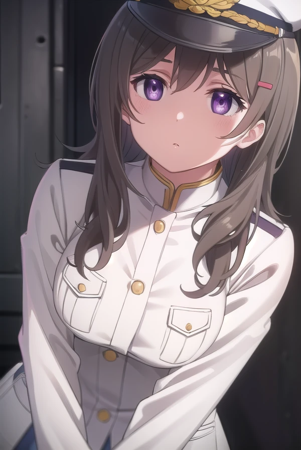 chinamoeka, <lora:china moeka s1-lora-nochekaiser:1>,
china moeka, long hair, brown hair, (purple eyes:1.1),
BREAK hair ornament, hat, hairclip, uniform, military, military uniform, peaked cap, naval uniform, (white uniform:1.5),
BREAK outdoors, ship, navy,
BREAK looking at viewer, (cowboy shot:1.5),
BREAK <lyco:GoodHands-beta2:1>, (masterpiece:1.2), best quality, high resolution, unity 8k wallpaper, (illustration:0.8), (beautiful detailed eyes:1.6), extremely detailed face, perfect lighting, extremely detailed CG, (perfect hands, perfect anatomy),