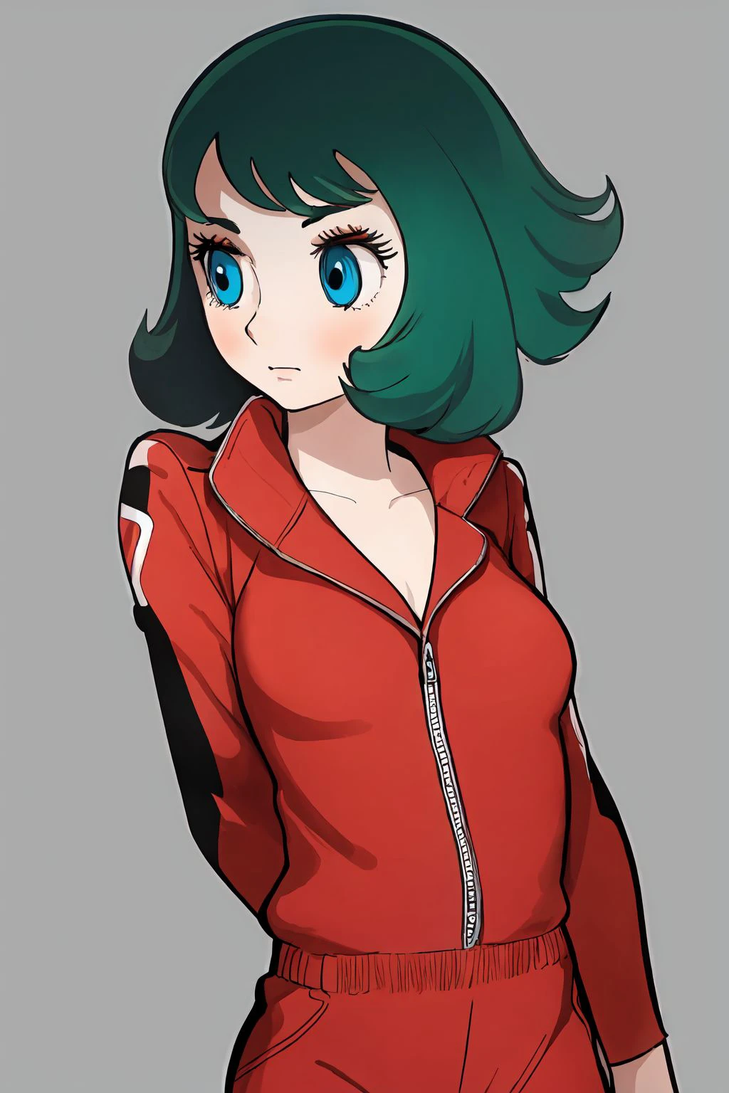 upper body, solo, 1girl, dark green hair, dark blue eyes, jumpsuit, <lora:osamu_tezuka_style_v02:1>