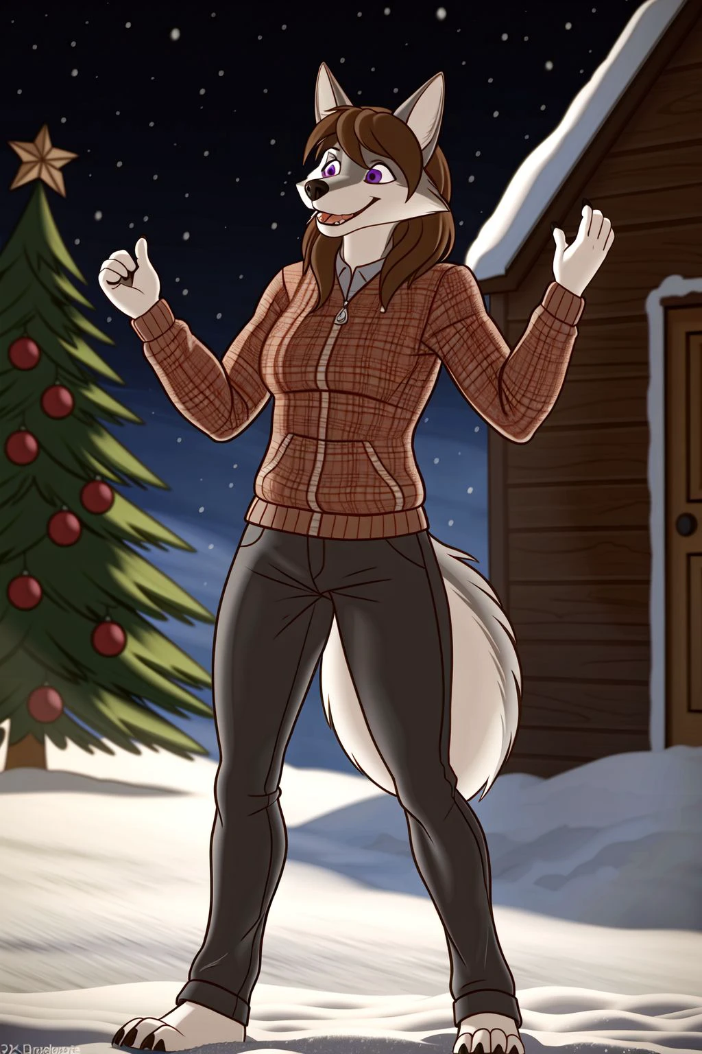 ((masterpiece)), best quality, 1girl, solo, (wolf, brown hair, purple eyes) standing, happy dance, face focus, winter clothes, pants, (detailed background, 4k, 8k, cinematic, realistic-like, 3d), winter, snow, christmas, christmas tree, house,  <lora:chloe_shiwulfV1.3:0.65>