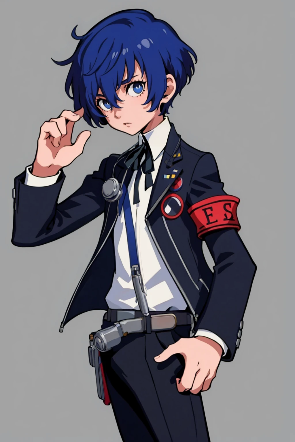 masterpiece, best quality, solo, 1boy, looking at viewer, <lora:P5-tactica_Fp:1>, simple background, <lora:MakotoP3_Fp:1>, makotop3, school uniform, armband, pants, digital media player,