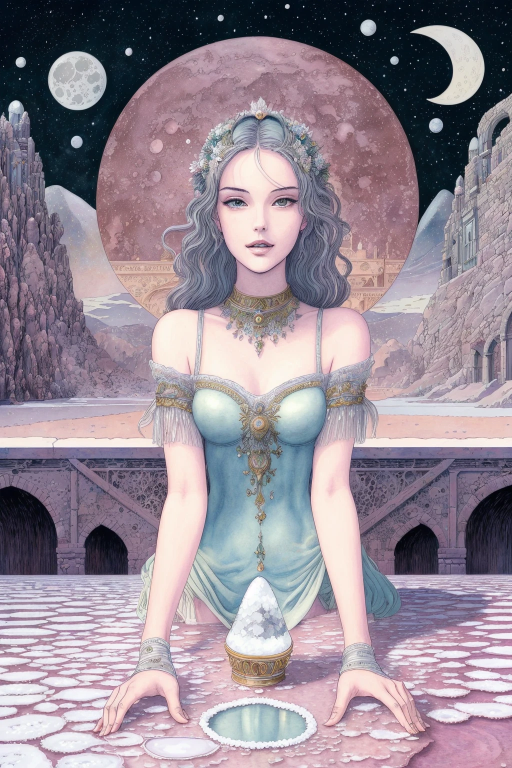 <lora:milomanarastyle_v3-000024:1> masterpiece of traditional media, highly detailed illustration, best hand-drawn quality, portrait of 1girl, mlmnr style, Lunar-Like Salt Flats
