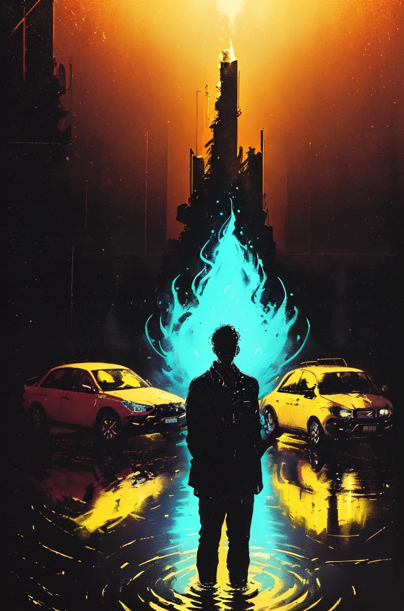 a man standing in front of a fire with a reflection in the water and a car in the background, Elsa Bleda, cinematic photography, an album cover, aestheticism, <lora:PUNK-000005:.8>, cinematic lighting, David Park, lights,