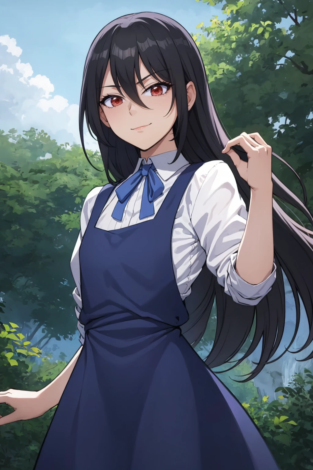 cowboy shot, evil smile, closed mouth BREAK cain, red eyes, black hair, long hair BREAK pinafore dress, blue dress, white shirt, blue ribbon BREAK waterfall background <lora:cain-sd15-2-000004:0.8>