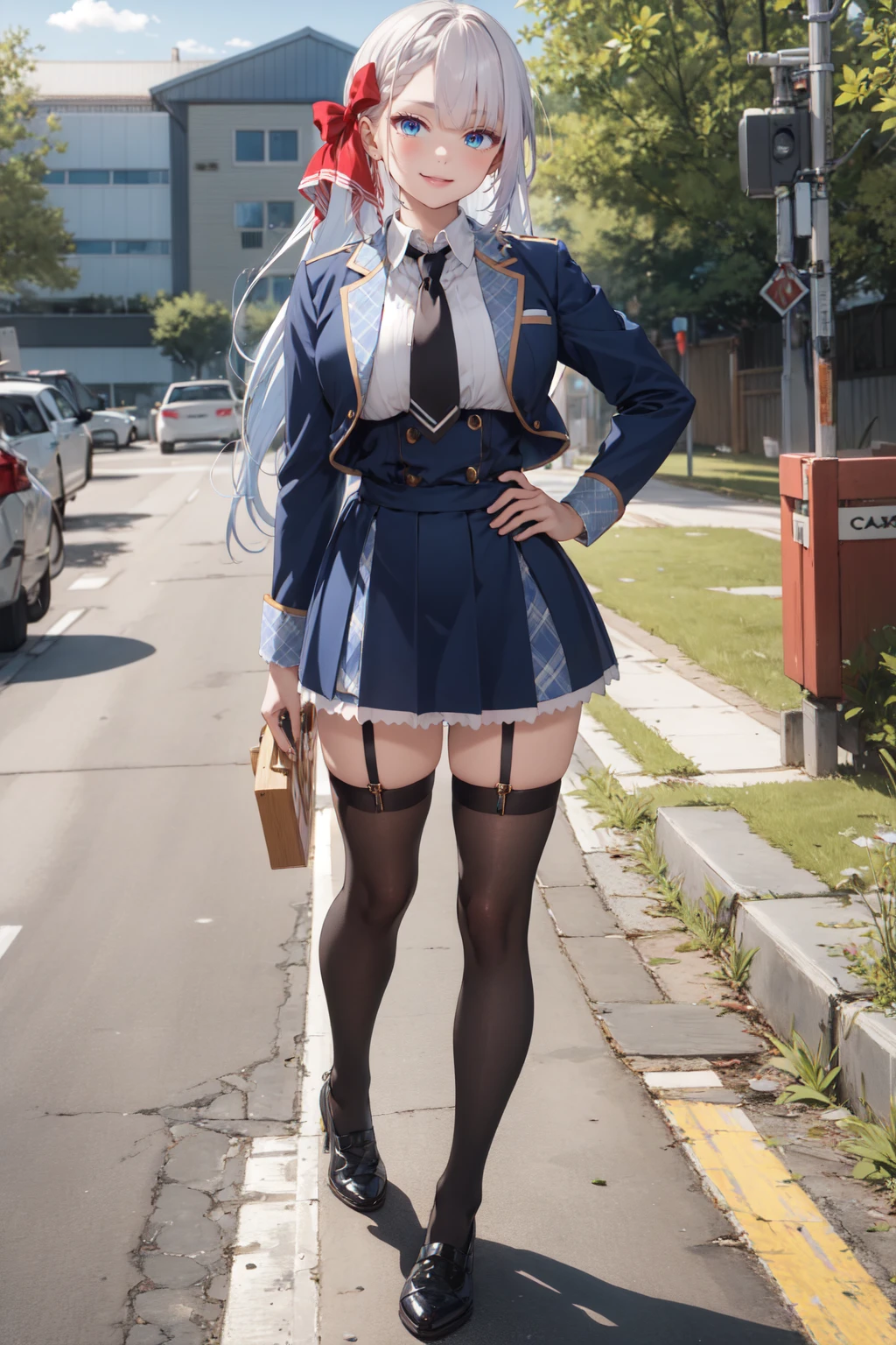 (masterpiece:1.3), (absurdres:1.3), (best quality:1.3), (ultra-detailed:1.3), 1girl, full body, looking at viewer, smile, standing, outdoors, hand on hip, <lora:riselia-fi-000009:1>, riselia-fi, hair ribbon, red ribbon, long hair,white shirt, blue jacket, collared shirt, blue skirt, black necktie, school uniform, black shoes, black thighhighs, thighhighs strap,