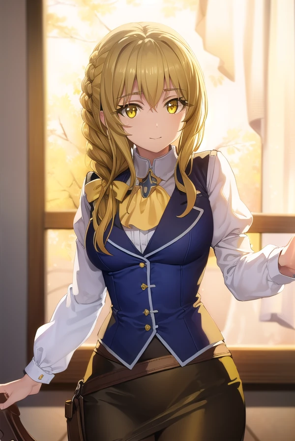 guildgirl, <lora:guild girl s2-lora-nochekaiser:1>,
guild girl, long hair, brown hair, (yellow eyes:1.5), braid, single braid, smile,
BREAK skirt, shirt, long sleeves, white shirt, pantyhose, black skirt, vest, long skirt, yellow ribbon, ascot, yellow ascot,
BREAK indoors, guild,
BREAK looking at viewer, (cowboy shot:1.5),
BREAK <lyco:GoodHands-beta2:1>, (masterpiece:1.2), best quality, high resolution, unity 8k wallpaper, (illustration:0.8), (beautiful detailed eyes:1.6), extremely detailed face, perfect lighting, extremely detailed CG, (perfect hands, perfect anatomy),