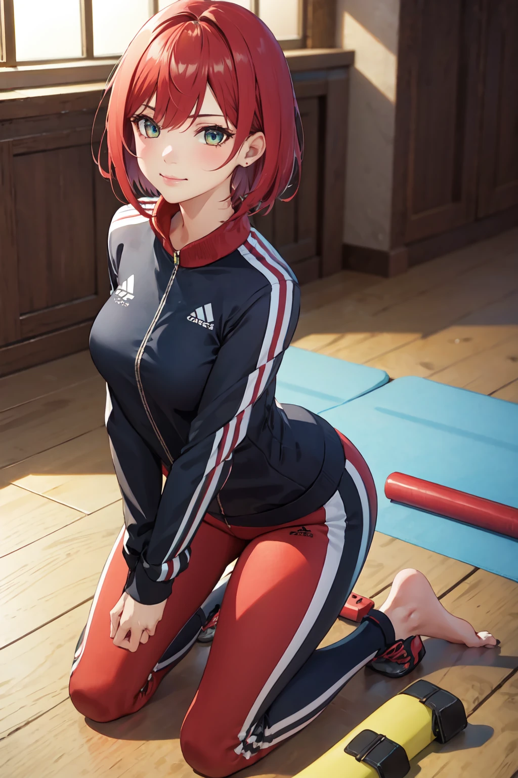 <lora:simple_anime_v1:-2>, <lora:detail_slider_v4:1.5>, 1girl, short hair, red hair, tracksuit, kneeling, yoga mat, medium breasts
