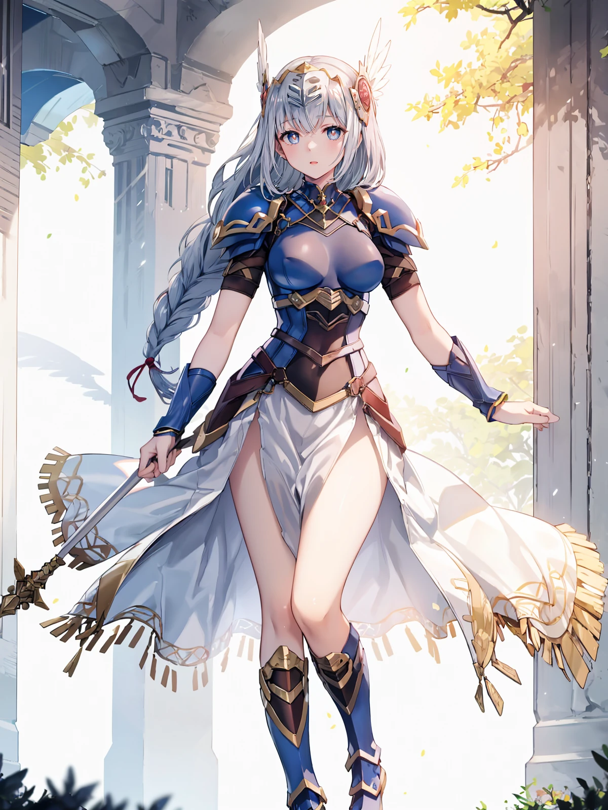 (extremely detailed CG, best quality:1.1), 1girl, perfect face, bright pupils, (finely detailed beautiful eyes:1.1), shiny skin, narrow waist, long hair, (blue armor:1.2), valkyrie, helmet, armored dress, braid, feather, winged helmet, shoulder armor, full body, depth of field, floating hair, <lora:LennethValkyrie:0.8>