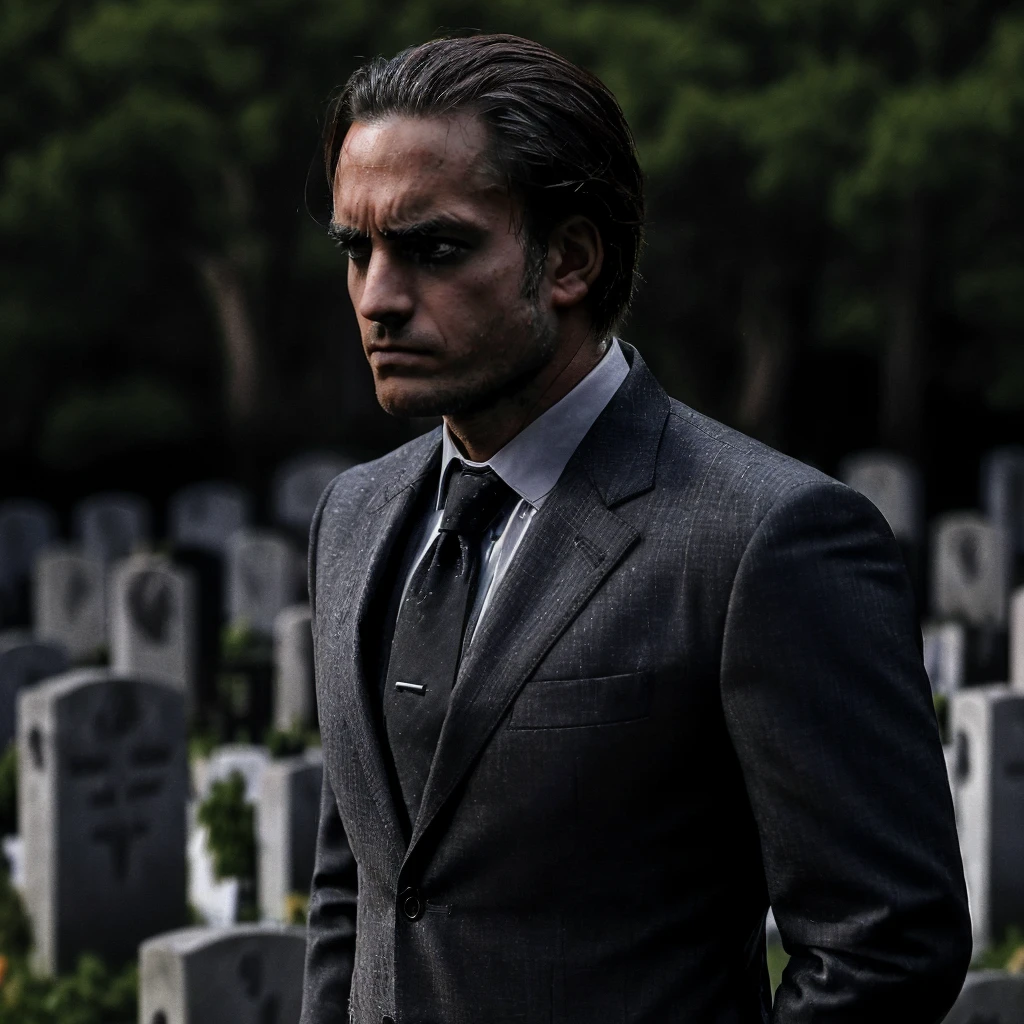 (((a man in a suit looking sad standing in front of grave, upper body zoom)))<lora:TheBatmanLora:0.9> man