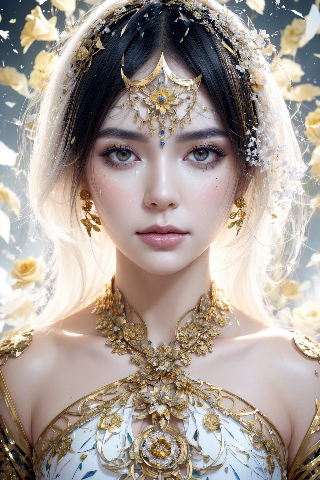 An abstract geometrical painting of woman's face, golden and white roses, detailed symmetric circular iris, shattered paper fragments, intricate complex watercolor painting, color explosion, ink drip, volumetric lighting, metallic reflections, inspired by Alberto Seveso